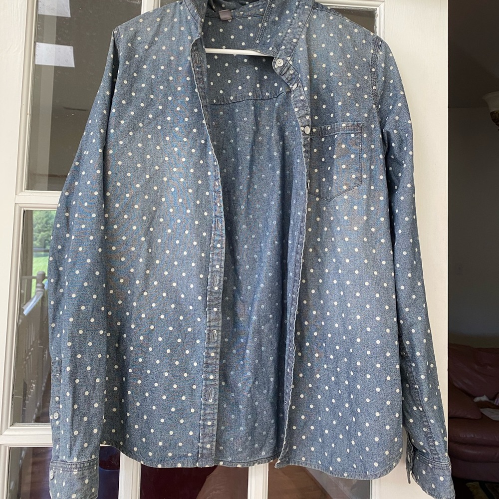 Blue jacket with white dots